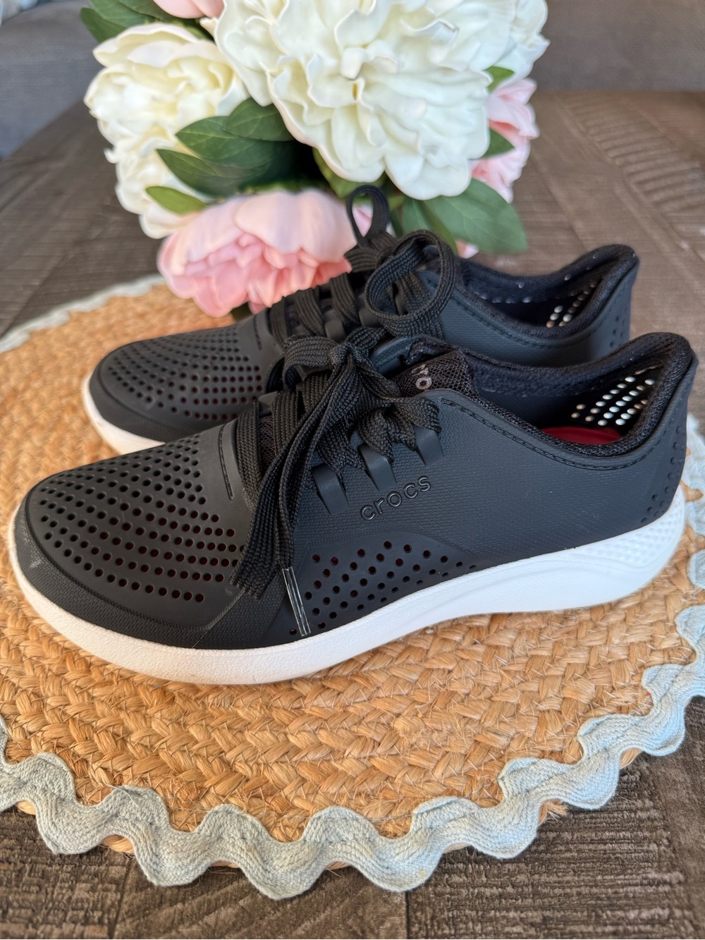 CROCS Women's Black Perforated Lace-Up Sneakers with White Sole
